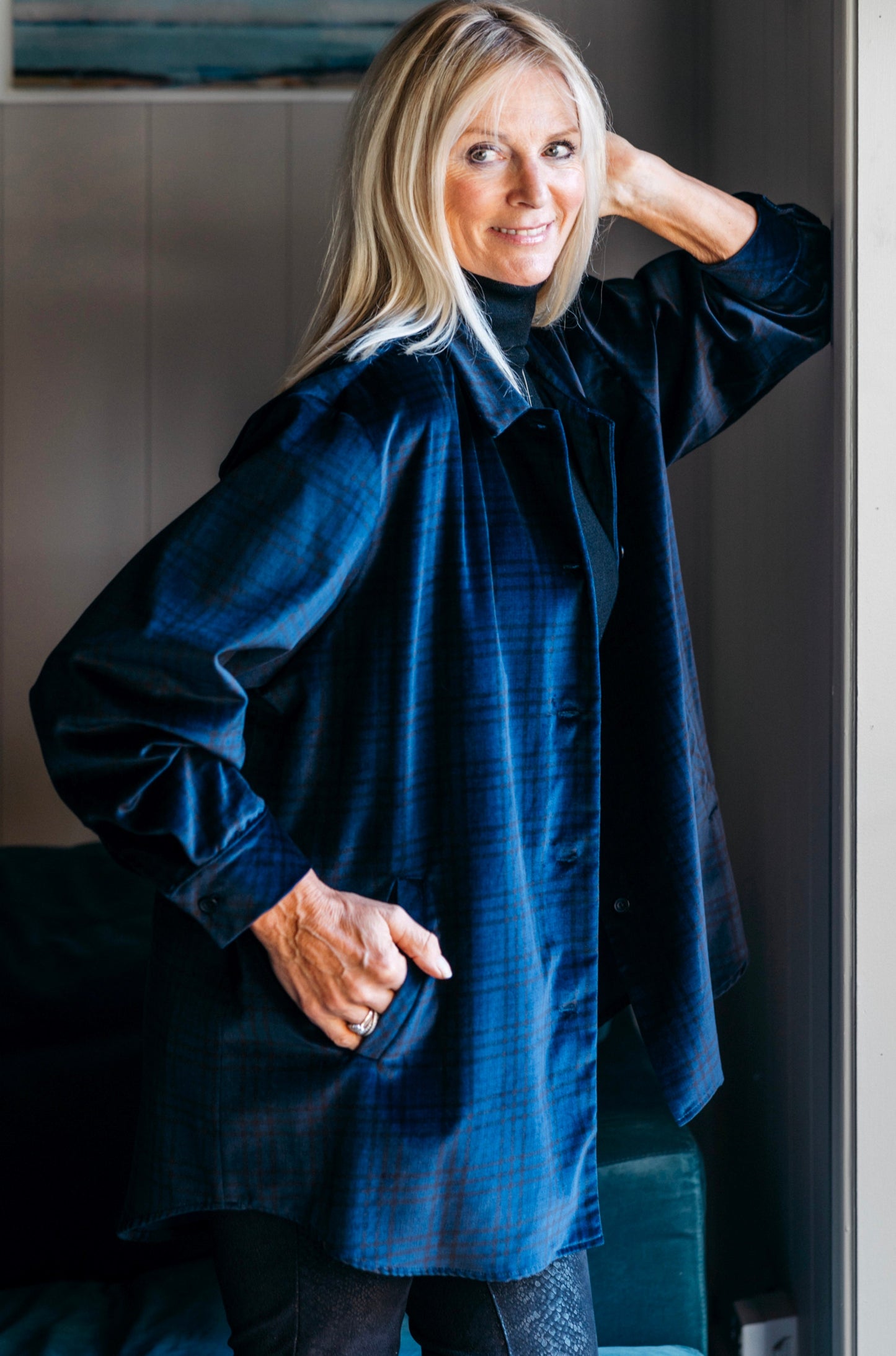 ABBEY ROAD OVERSIZED SHIRT IN BLUE AND BLACK CHECK VELVET