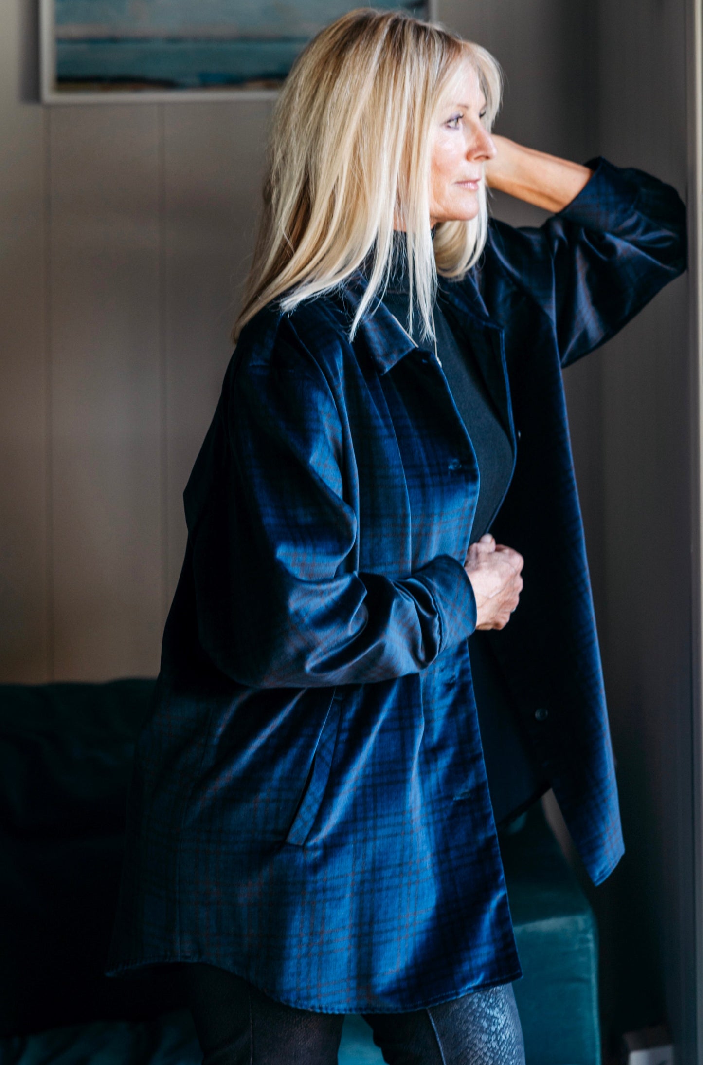ABBEY ROAD OVERSIZED SHIRT IN BLUE AND BLACK CHECK VELVET