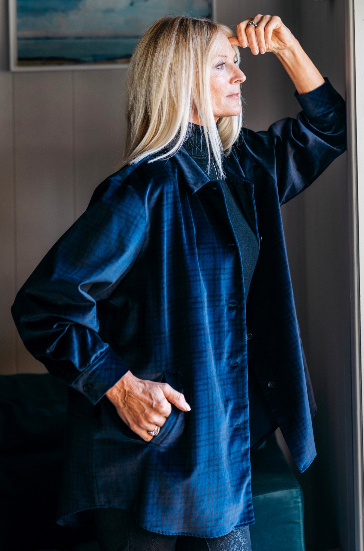ABBEY ROAD OVERSIZED SHIRT IN BLUE AND BLACK CHECK VELVET