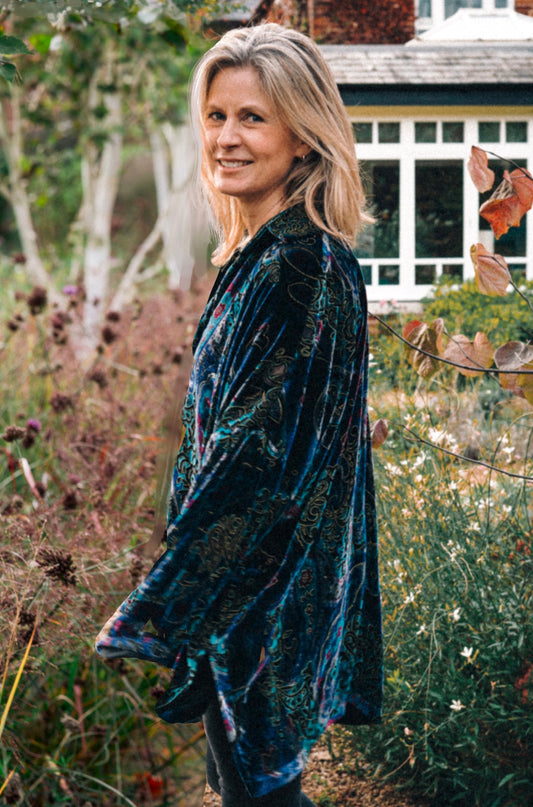THE SOHO OVERSIZED SHIRT IN BLUE DEVORE SILK VELVET
