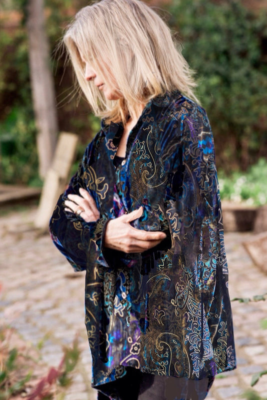THE SOHO OVERSIZED SHIRT IN JEWEL-COLOURED DEVORÉ VELVET